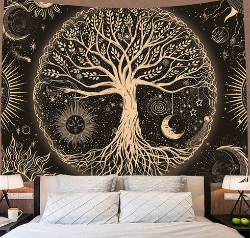 Tree of Life Tapestry Gloden Sun and Moon Wall Hanging Tapestry